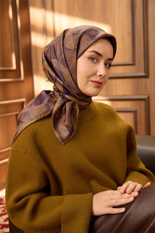 Twill İpek Eşarp Vizon-Patlıcan Moru Koyu Gold Geçişli Kaymaz Tok Duruşlu 90X90