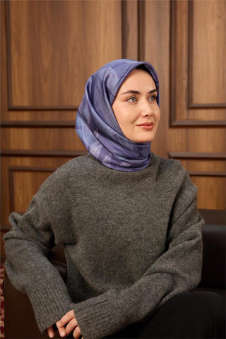 Twill İpek Eşarp Lila-Mor Mavi Geçişli Kaymaz Tok Duruşlu 90X90