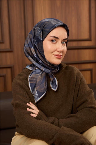Twill İpek Eşarp Lacivert-Yeşil Kahve Bebe Mavi Geçişli Kaymaz Tok Duruşlu
                90X90