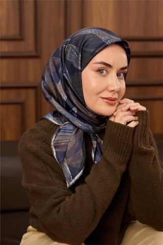 Twill İpek Eşarp Lacivert-Yeşil Kahve Bebe Mavi Geçişli Kaymaz Tok Duruşlu
                90X90