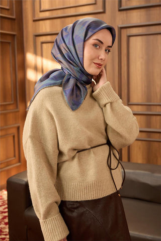 Twill İpek Eşarp Mor-Civert Vizon Çağla Geçişli Kaymaz Tok Duruşlu 90X90