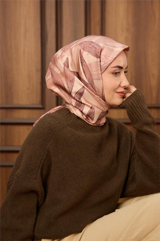 Twill İpek Eşarp Gül Kurusu-Pastel Pembe Desenli Tok Duruşlu 90X90