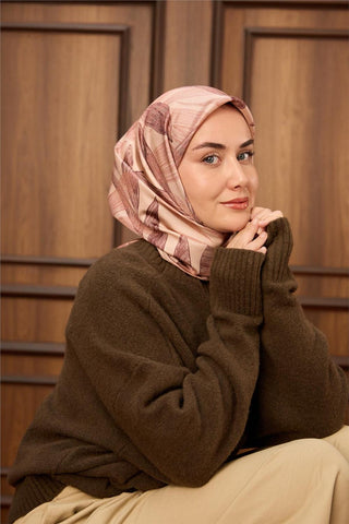 Twill İpek Eşarp Gül Kurusu-Pastel Pembe Desenli Tok Duruşlu 90X90