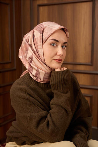 Twill İpek Eşarp Gül Kurusu-Pastel Pembe Desenli Tok Duruşlu 90X90