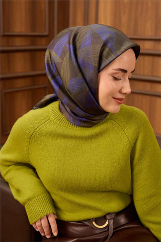 Twill İpek Eşarp Antrasit-Çivit Desenli Tok Duruşlu 90X90
