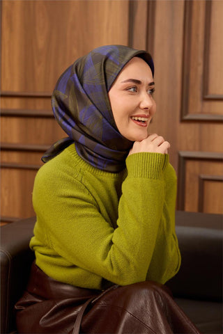 Twill İpek Eşarp Antrasit-Çivit Desenli Tok Duruşlu 90X90