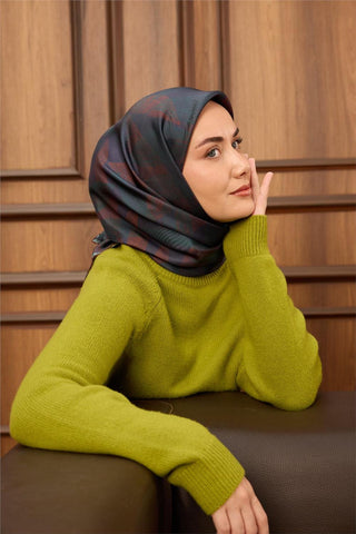 Twill İpek Eşarp Lacivert-Kiremit Desenli Tok Duruşlu 90X90