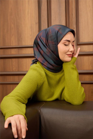 Twill İpek Eşarp Lacivert-Kiremit Desenli Tok Duruşlu 90X90