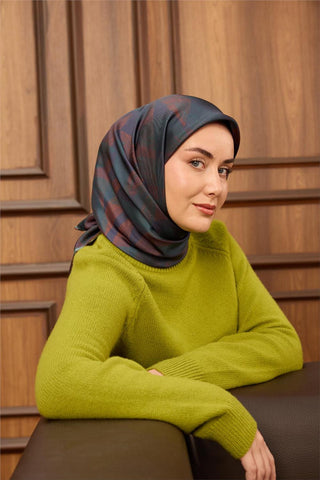 Twill İpek Eşarp Lacivert-Kiremit Desenli Tok Duruşlu 90X90