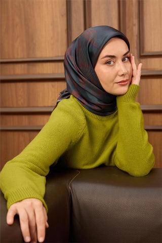 Twill İpek Eşarp Lacivert-Kiremit Desenli Tok Duruşlu 90X90