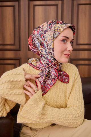 Twill İpek Eşarp Mor-Butter Yellow Desenli Tok Duruşlu 90X90 - Twill İpek Eşarp - | Silk Home