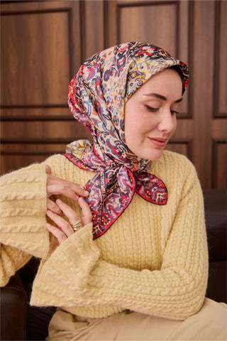 Twill İpek Eşarp Mor-Butter Yellow Desenli Tok Duruşlu 90X90 - Twill İpek Eşarp - | Silk Home
