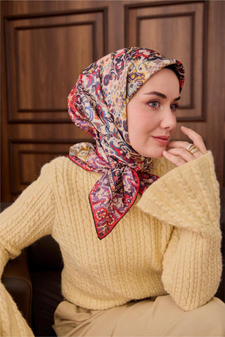 Twill İpek Eşarp Mor-Butter Yellow Desenli Tok Duruşlu 90X90 - Twill İpek Eşarp - | Silk Home