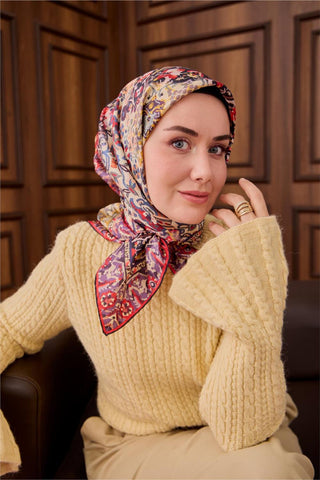 Twill İpek Eşarp Mor-Butter Yellow Desenli Tok Duruşlu 90X90 - Twill İpek Eşarp - | Silk Home