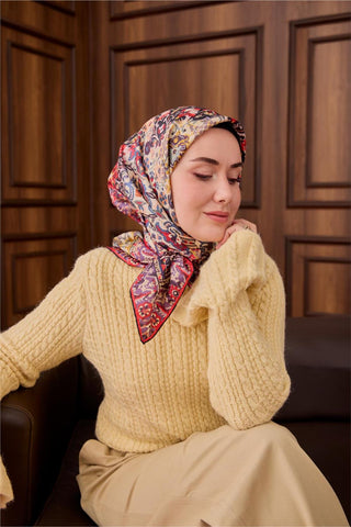 Twill İpek Eşarp Mor-Butter Yellow Desenli Tok Duruşlu 90X90 - Twill İpek Eşarp - | Silk Home