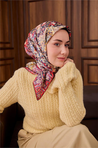 Twill İpek Eşarp Mor-Butter Yellow Desenli Tok Duruşlu 90X90 - Twill İpek Eşarp - | Silk Home