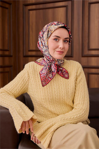 Twill İpek Eşarp Mor-Butter Yellow Desenli Tok Duruşlu 90X90 - Twill İpek Eşarp - | Silk Home