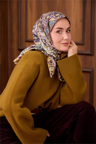 Twill İpek Eşarp Patina-Yağ Yeşili Desenli Tok Duruşlu 90X90