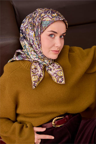 Twill İpek Eşarp Patina-Yağ Yeşili Desenli Tok Duruşlu 90X90