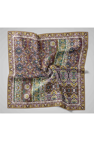 Twill İpek Eşarp Patina-Yağ Yeşili Desenli Tok Duruşlu 90X90