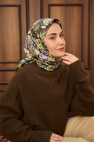 Twill İpek Eşarp Acı Kahve-Fıstık Yeşili Desenli Tok Duruşlu 90X90