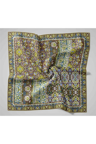 Twill İpek Eşarp Acı Kahve-Fıstık Yeşili Desenli Tok Duruşlu 90X90