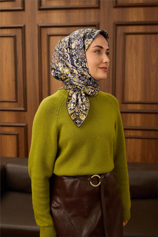 Twill İpek Eşarp Lacivert-Ekru Desenli Tok Duruşlu 90X90