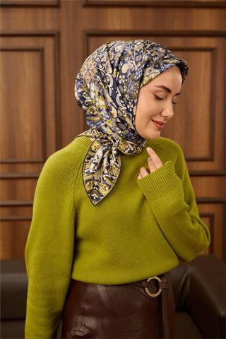 Twill İpek Eşarp Lacivert-Ekru Desenli Tok Duruşlu 90X90