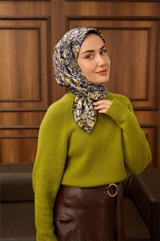 Twill İpek Eşarp Lacivert-Ekru Desenli Tok Duruşlu 90X90