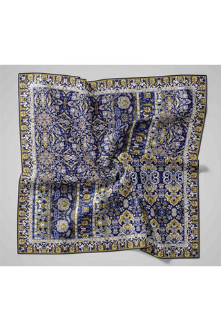 Twill İpek Eşarp Lacivert-Ekru Desenli Tok Duruşlu 90X90
