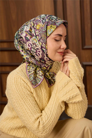 Twill İpek Eşarp Mürdüm-Butter Yellow Desenli Tok Duruşlu 90X90