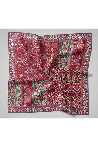 Twill İpek Eşarp Bordo–Pembe Desenli Tok Duruşlu Kaymaz 90X90