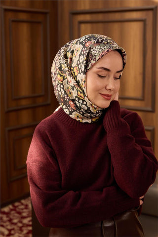 Twill İpek Eşarp Soluk Yeşil–Sarı Desenli Tok Duruşlu Kaymaz 90X90