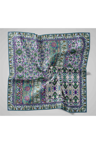 Twill İpek Eşarp Beyaz–Turkuaz Desenli Tok Duruşlu Kaymaz 90X90