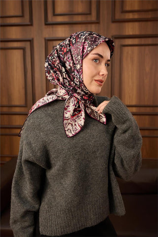 Twill İpek Eşarp Siyah–Bordo Desenli Tok Duruşlu Kaymaz 90X90