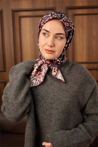 Twill İpek Eşarp Siyah–Bordo Desenli Tok Duruşlu Kaymaz 90X90