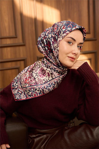 Twill İpek Eşarp Lacivert–Bordo Desenli Tok Duruşlu Kaymaz 90X90