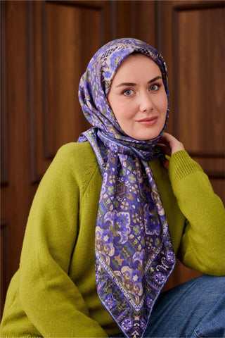 Twill İpek Eşarp Mor–Bebe Mavi Desenli Tok Duruşlu Kaymaz 90X90