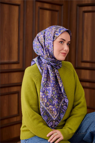 Twill İpek Eşarp Mor–Bebe Mavi Desenli Tok Duruşlu Kaymaz 90X90