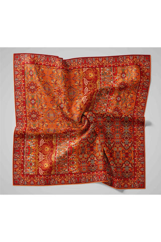 Twill İpek Eşarp Turuncu–Bordo Desenli Tok Duruşlu Kaymaz 90X90