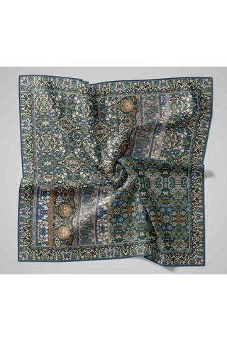 Twill İpek Eşarp Lacivert–Yağ Yeşili Desenli Tok Duruşlu Kaymaz 90X90