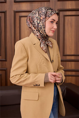 Twill İpek Eşarp Siyah–Kızıl Kahve Desenli Tok Duruşlu Kaymaz 90X90
