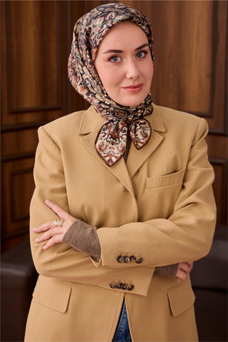 Twill İpek Eşarp Siyah–Kızıl Kahve Desenli Tok Duruşlu Kaymaz 90X90