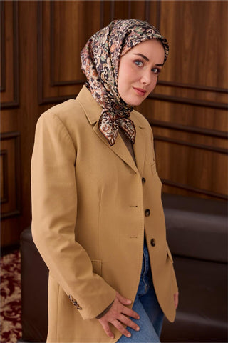 Twill İpek Eşarp Siyah–Kızıl Kahve Desenli Tok Duruşlu Kaymaz 90X90