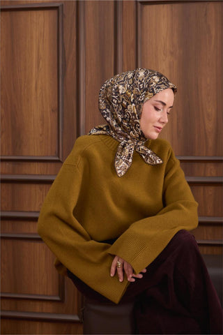 Twill İpek Eşarp Siyah–Haki Desenli Tok Duruşlu Kaymaz 90X90