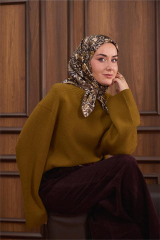Twill İpek Eşarp Siyah–Haki Desenli Tok Duruşlu Kaymaz 90X90