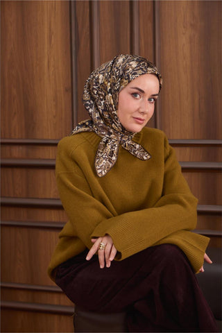 Twill İpek Eşarp Siyah–Haki Desenli Tok Duruşlu Kaymaz 90X90