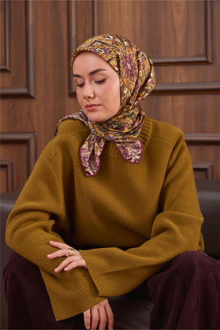 Twill İpek Eşarp Yeşil–Pudra Desenli Tok Duruşlu Kaymaz 90X90