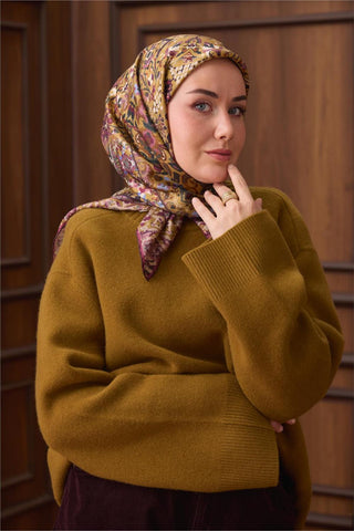 Twill İpek Eşarp Yeşil–Pudra Desenli Tok Duruşlu Kaymaz 90X90