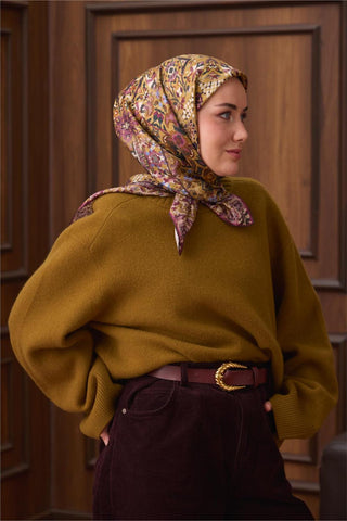 Twill İpek Eşarp Yeşil–Pudra Desenli Tok Duruşlu Kaymaz 90X90